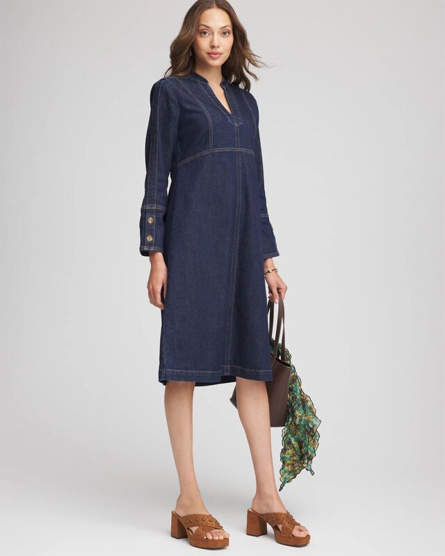 Denim Splitneck Knee-Length Dress - image 2